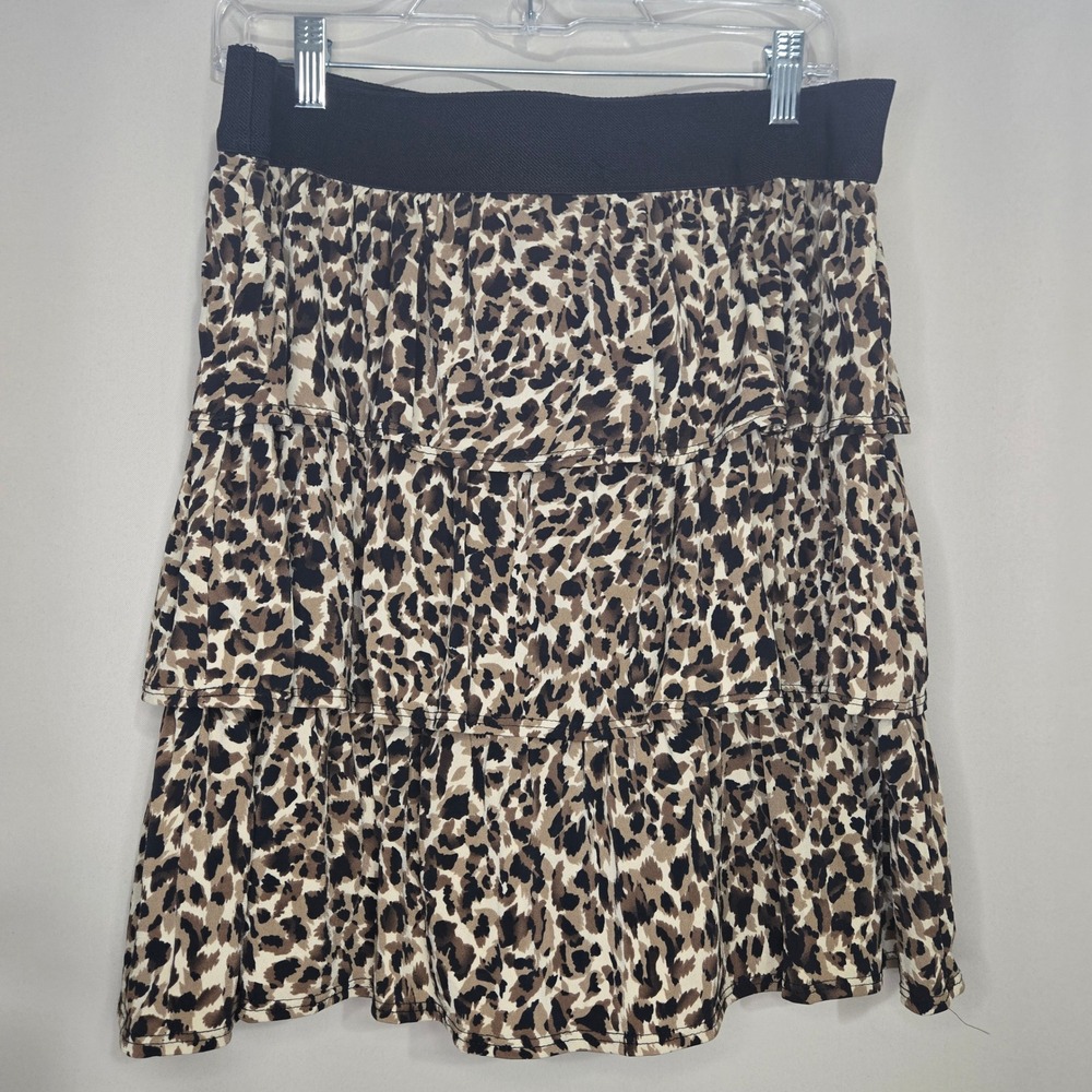 Tiered Leopard Print Skirt Black Waistband Womens L
